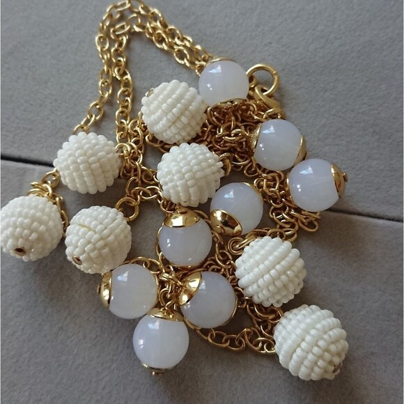 J. Crew Gold Tone White beaded & Orb long Necklace 32" - Picture 2 of 8